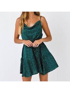 Simplee Satin Green Polka Dot Mini Dress